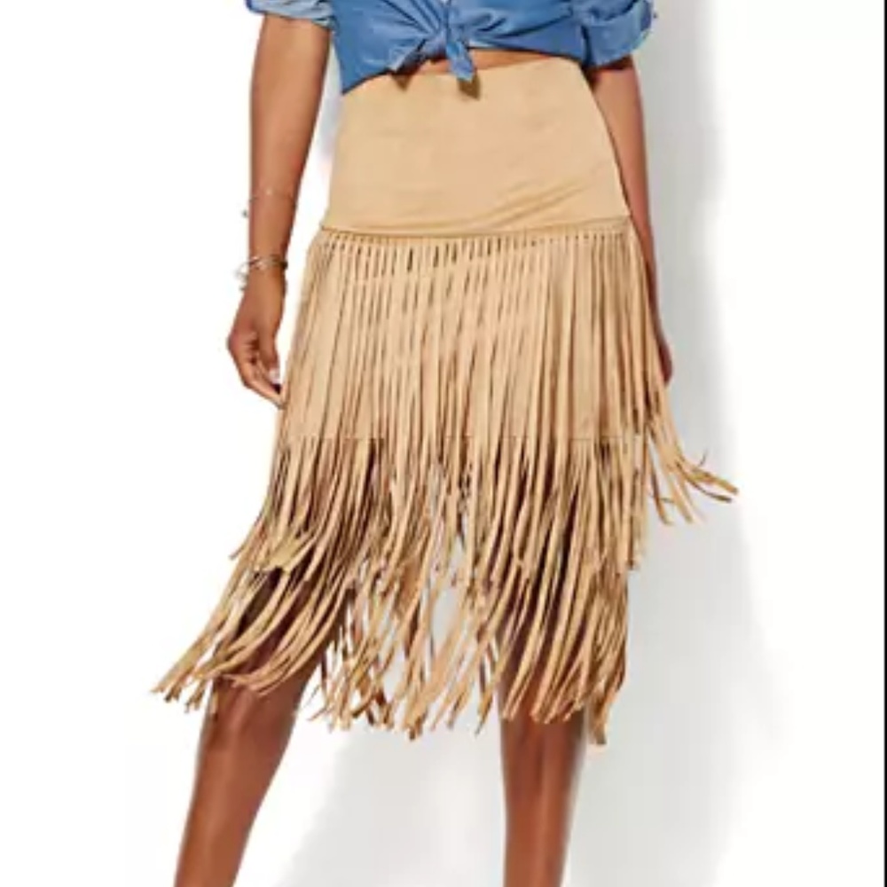 New York & Company Camel Boho Fringe Skirt